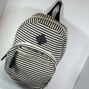 Madden Girl Fabric Canvas Backpack 3 Zipper Pockets Black Cream Stripe Tassel